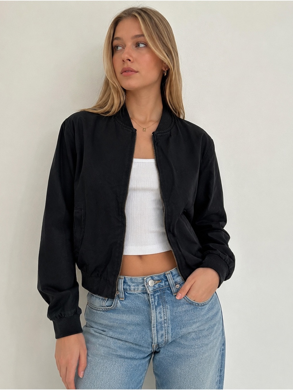 Brandy Melville Kasey Black Cotton Bomber Jacket One Size Y2K Utility